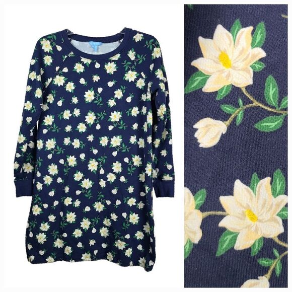 Draper James Natalie Sweatshirt Dress Navy Magnolia Floral Terry Long Sleeve - Picture 1 of 14